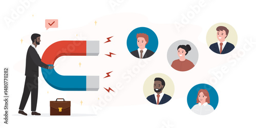 Customer acquisition. Process of bringing in new customers or clients for business. Way to acquire customers. Businessman uses magnet to attract audience interest.