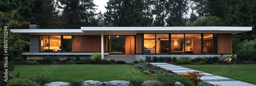 Wallpaper Mural Modern House with Glass Walls, Wood Cladding, Stone Walkway and Lush Greenery Landscape Torontodigital.ca