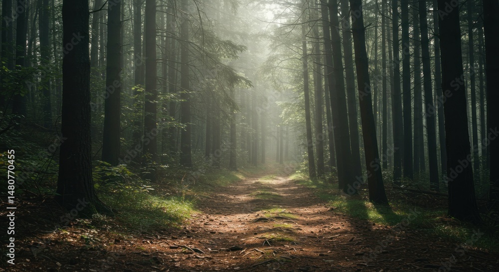 Obraz premium Forest path illuminated by sunlight