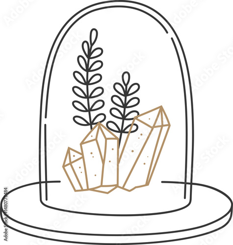 Crystals and plants are growing inside a glass dome terrarium placed on a wooden base, creating a miniature ecosystem for decoration and wellbeing