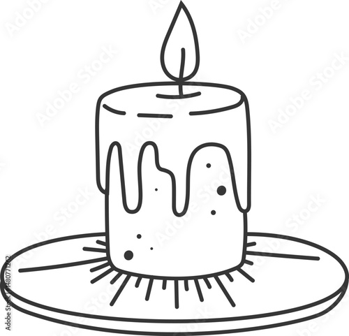 Simple line drawing of a burning candle with melting wax dripping down its sides, resting on a decorative plate, creating a cozy and atmospheric scene