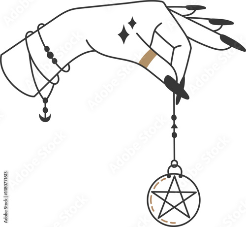 Elegant female hand with black nails and jewelry holding a pendulum with a pentagram, divination esoteric magic, spirituality and occultism