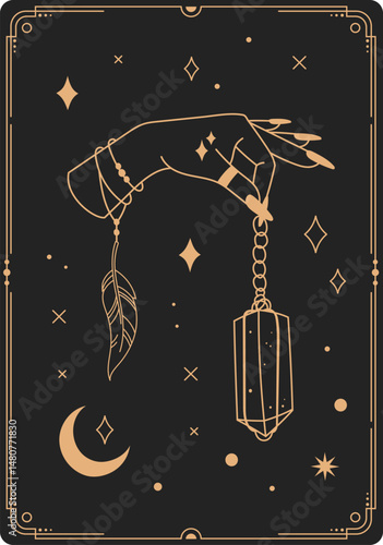 Elegant golden line art illustrating a fortune teller holding a crystal pendulum, surrounded by a feather, moon, stars, and geometric shapes on a black background
