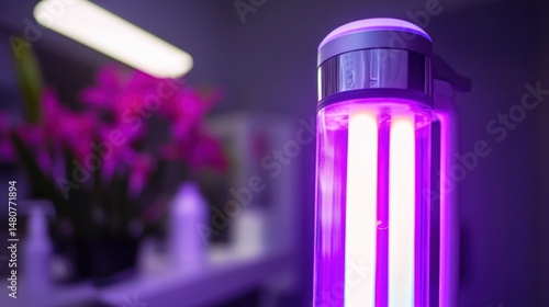 Illuminated cylindrical device emitting vibrant purple and pink light