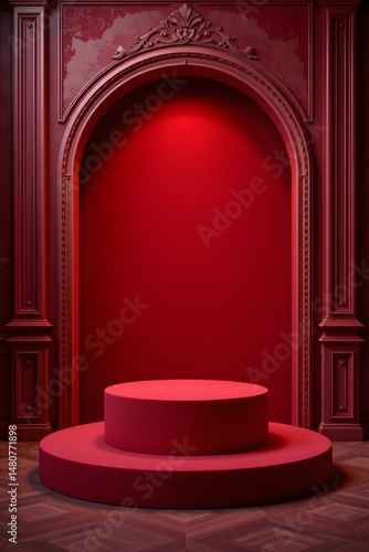 empty podium mock up display, blank cosmetic ads stand product placement fashion ads on minimal dark red color background, pedestal mockup scene platform promotion concept