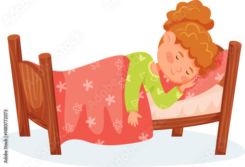 Red haired girl sleeping peacefully in her wooden bed covered with a blanket, enjoying a restful night's sleep in a cozy bedroom, promoting healthy sleep habits for children