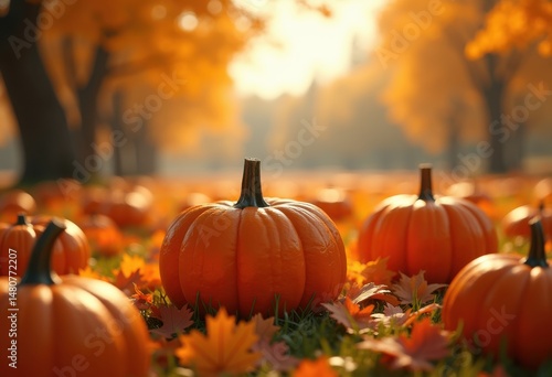vibrant orange pumpkins lush autumn field surrounded golden leaves sunlight, harvest, vegetable, plant, nature, fruit, gourd, basket, farm, rural