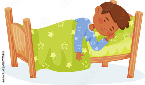 Sweet dreams for a young kid sleeping soundly in a comfortable wooden bed, covered by a green star patterned blanket, enjoying a peaceful night's rest