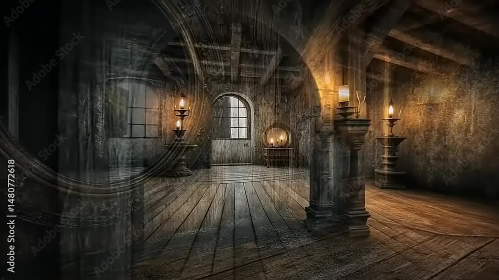 Mysterious Old Wooden Room with a Large Ornate Mirror Mysterious Old Wooden Room with a Large Ornate Mirror
