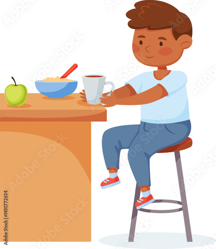 Happy smiling boy sitting on stool at table, having breakfast, eating porridge with spoon and drinking hot tea or coffee from mug, healthy food for kids, healthy nutrition for children concept