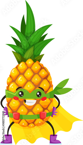 Cheerful pineapple character exuding confidence while wearing a superhero mask and cape, ready for action and embodying fun, strength, and playful bravery in a vibrant cartoon style