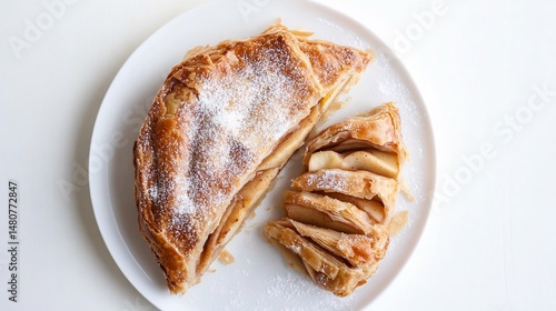 Top down view of freshly baked Strudel di Mele apple pastry cinnamon sugar sliced served white plate white background Traditional dessert Trentino Alto Adige Italy cut out isolated transparent