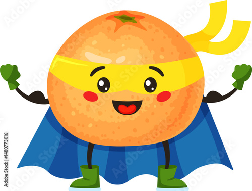 Cartoon illustration featuring a cheerful grapefruit superhero in a blue cape, yellow mask, and green boots, flexing biceps and promoting playful healthy eating