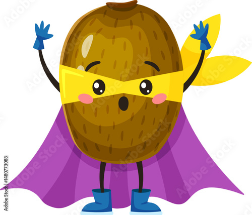 Cartoon illustration featuring a superhero kiwi fruit, proudly wearing a cape, mask, and gloves, joyfully raising its hands in a cheerful display of power and positivity
