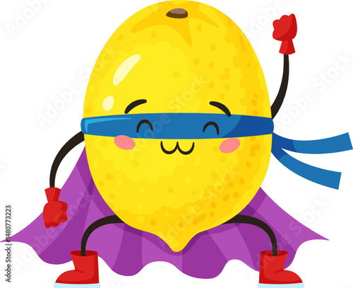 Cute lemon superhero wearing a mask and cape, raising a fist in a playful pose, embodies the fun of healthy eating habits for kids in this vibrant character illustration