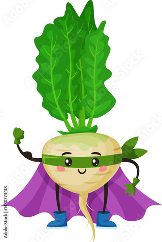 Cartoon illustration of a smiling turnip wearing superhero mask and cape, promoting healthy eating habits and making vegetables fun for children