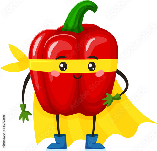 Cartoon illustration of a superhero red bell pepper wearing a yellow cape and mask. Standing proudly with a smile. Promoting healthy eating habits and adding a touch of whimsy to children's nutrition