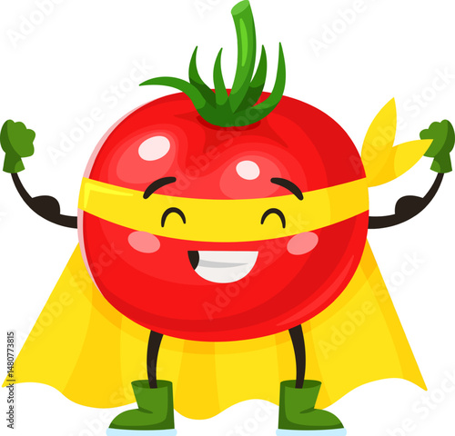 Cartoon illustration featuring a smiling superhero tomato in a yellow cape and mask, flexing its muscles to promote healthy eating and the power of vegetables