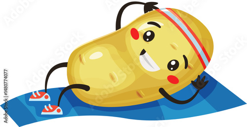 Funny cartoon potato wearing a headband and sneakers, training abs by doing crunches on a blue mat, exuding cheerfulness and determination against a clean white background