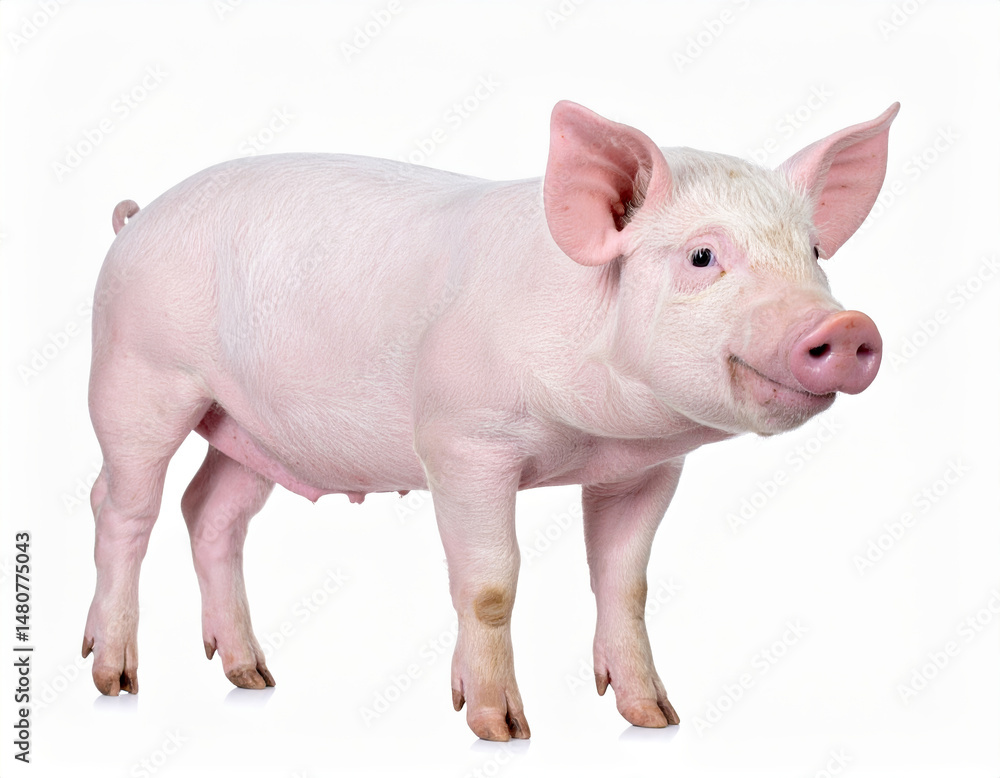 Pig standing on white background and looking away Pig standing on white background and looking away