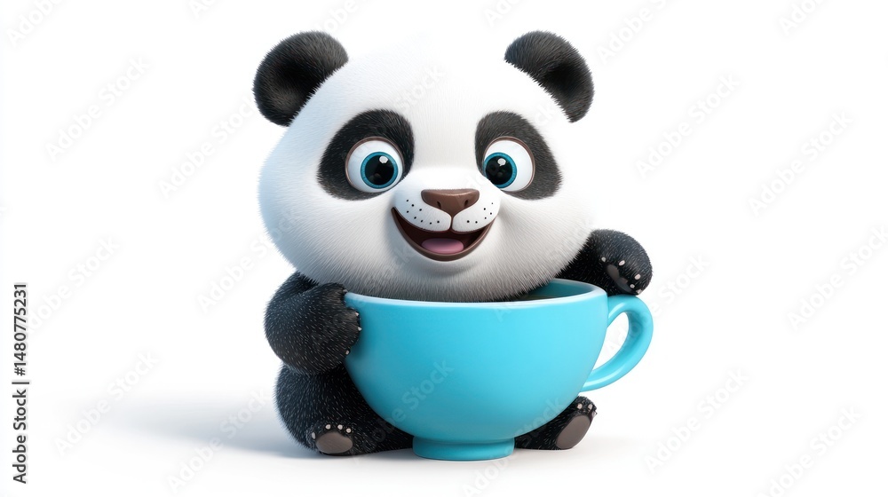 Naklejka premium Adorable cartoon panda in blue mug 3 d rendered illustration
