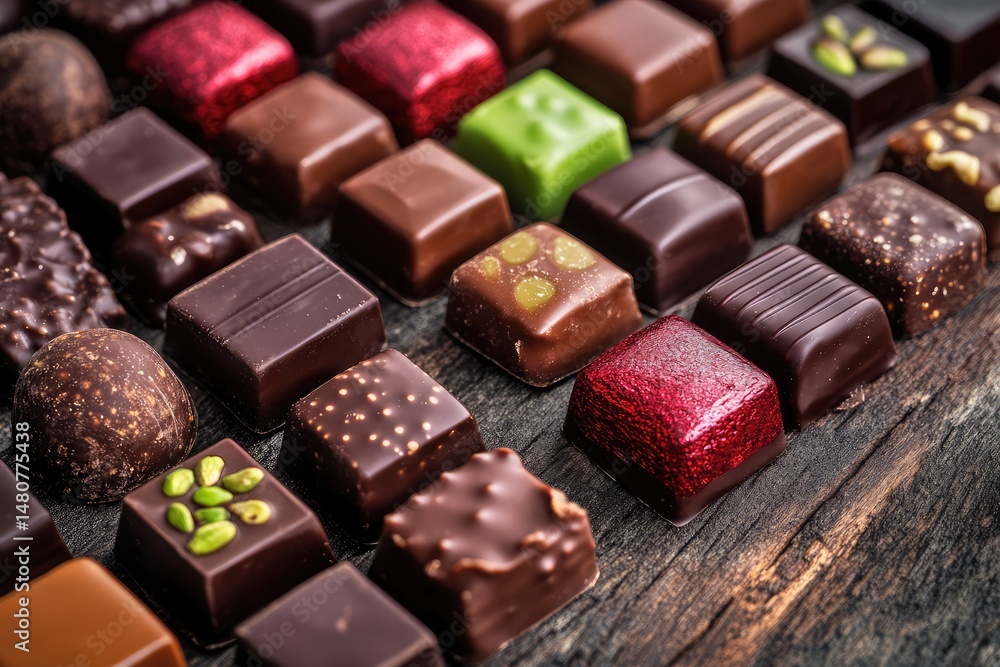 Arrangement of exquisite artisanal chocolates in various shapes, colors, and textures on a rustic dark wooden surface. Arrangement of exquisite artisanal chocolates in various shapes, colors, and textures on a rustic dark wooden surface.