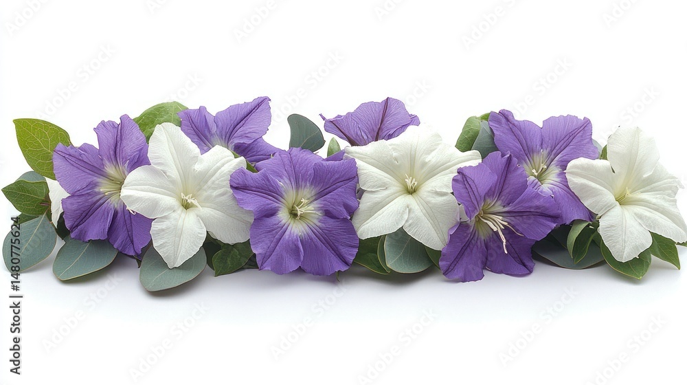 Obraz premium Floral blooms of white and purple colors with green leaves