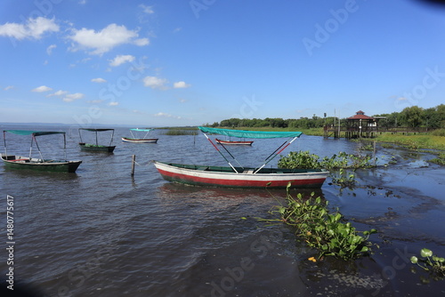 Small fishing boats along the shoreline of Lake Ypacaraí near Areguá, Paraguay