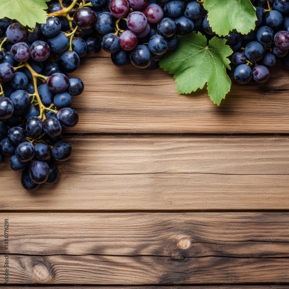Fototapeta premium Fresh Dark Grapes with Leaves on Rustic Wood Background, Fruits , Food
