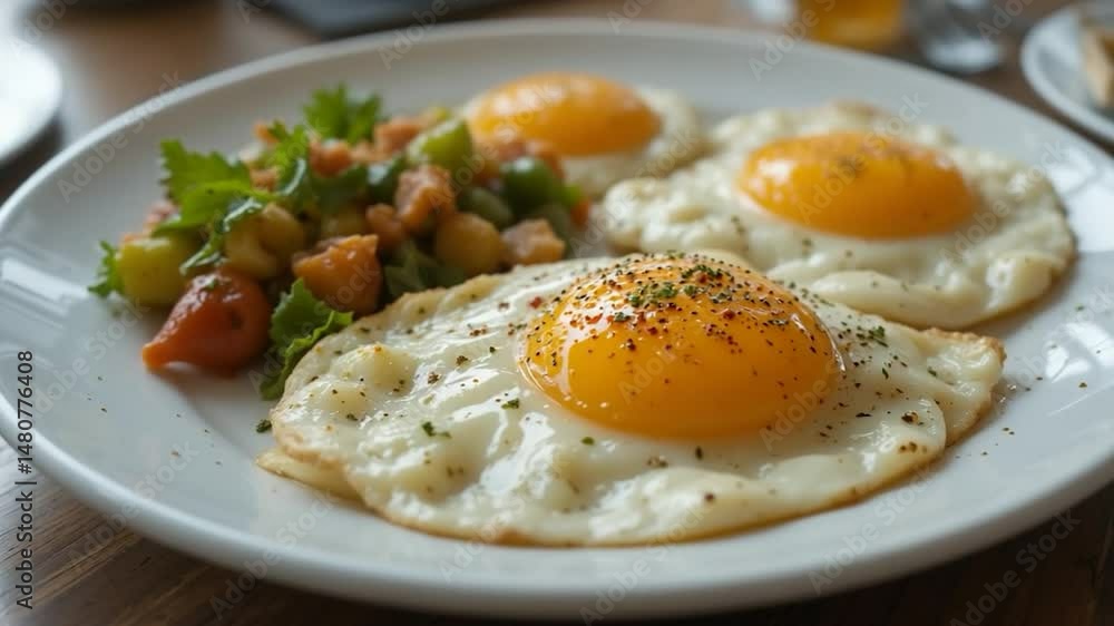 Fried eggs with vegetables on plate Fried eggs with vegetables on plate