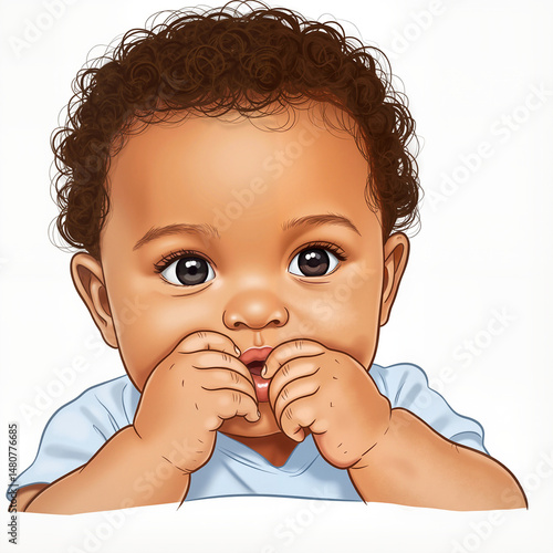 Cute baby boy smiling while playing with fingers in a casual setting  