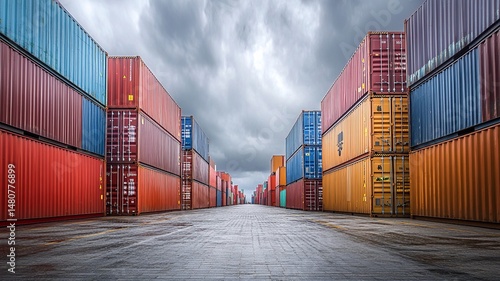 Freight containers with national flags of USA, China, India, Canada, and EU lined up in opposition, illustrating global trade war and import-export tensions.
