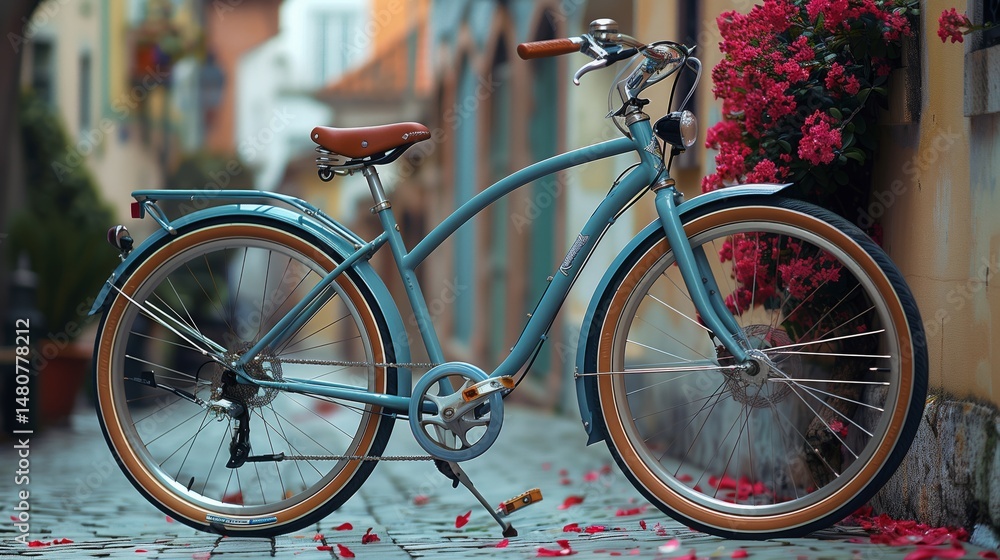 Obraz premium Blue bicycle parked on sidewalk with building in background