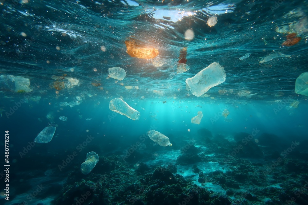 Fototapeta premium Plastic Pollution Threatens Marine Ecosystems, Plastic Bottles Floating Underwater