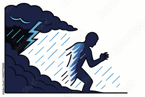 Silhouette of a person walking in stormy weather with rain and lightning  
