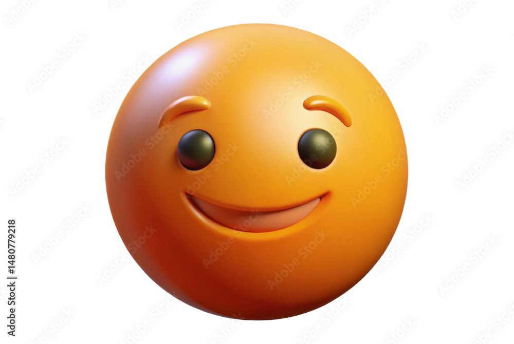 Fototapeta premium PNG Cheerful orange emoji face with smile and raised eyebrows on white background