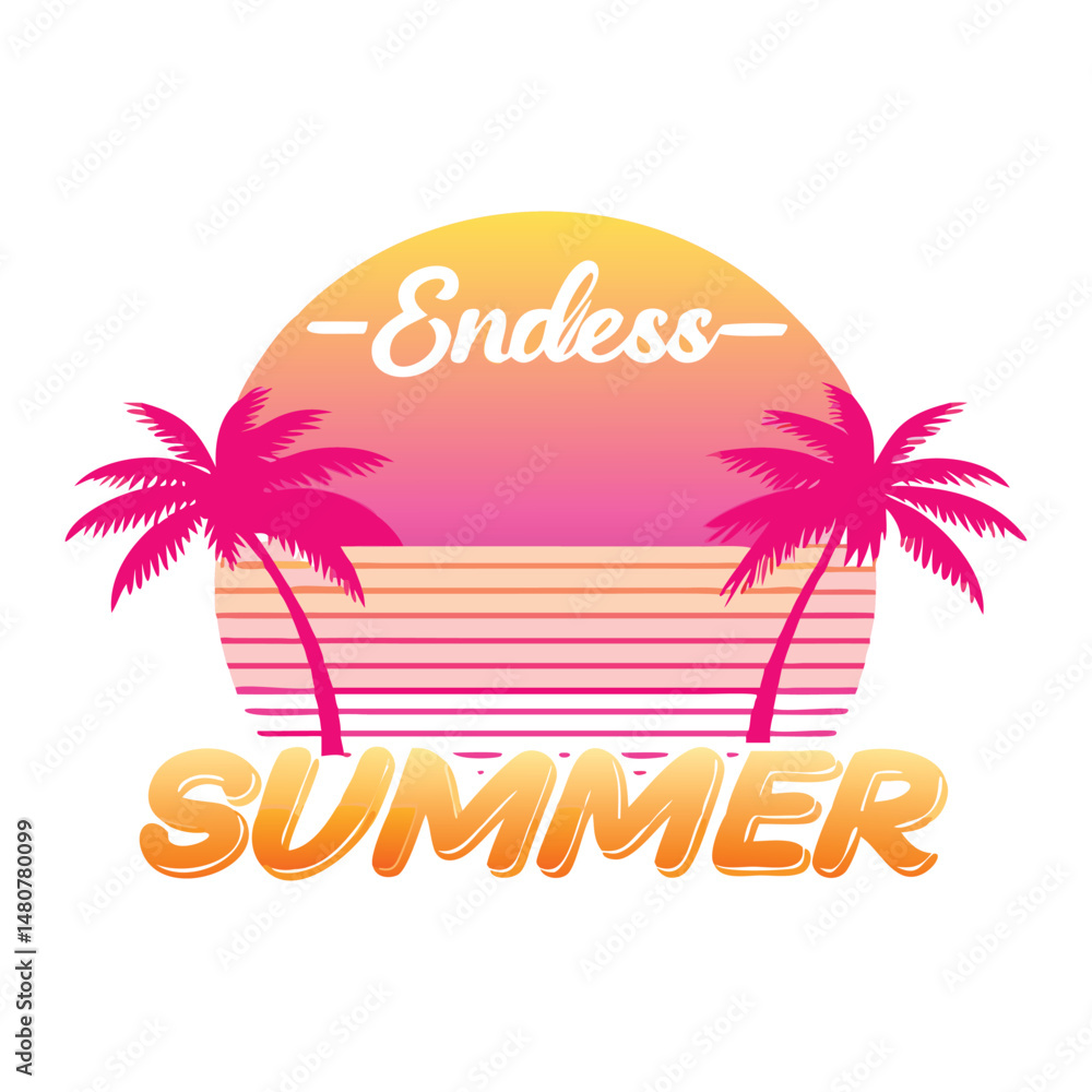 Naklejka premium Retro Beach Sunset T-Shirt Design – Minimal Palm Silhouette and Vibrant Gradient Background with 'Endless Summer' Script for Coastal Style