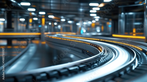 Curved conveyor belt system industrial automation futuristic technology