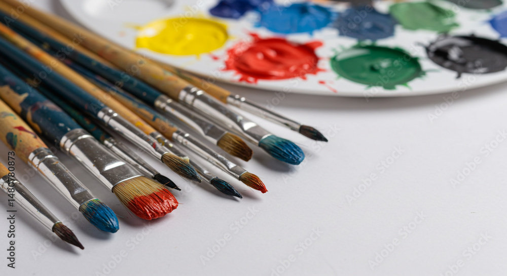 Close up of paintbrushes with colorful paint on a palette on a white surface in a studio setting Close up of paintbrushes with colorful paint on a palette on a white surface in a studio setting