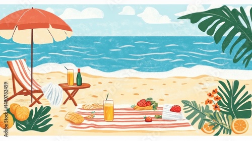 Summer beach picnic colorful illustration of relaxation and vacation