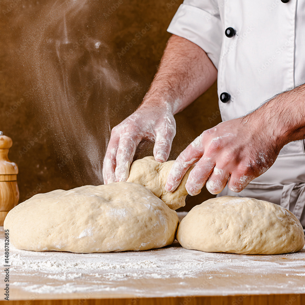 Obraz premium An experienced chef kneads a dough ball covered in flour on a wooden table for baking bread.