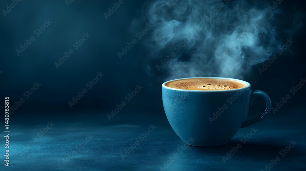 Steaming Coffee in a Teal Cup on Dark Background Steaming Coffee in a Teal Cup on Dark Background