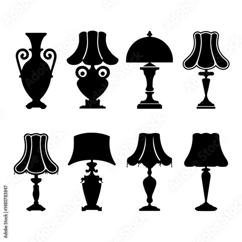 Set of black silhouette icons showcasing various classic and vintage-style table lamps and vases, featuring ornate and elegant designs on a light gray background.