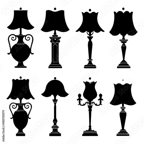 Set of black silhouette icons showcasing various classic and vintage-style table lamps and vases, featuring ornate and elegant designs on a light gray background.