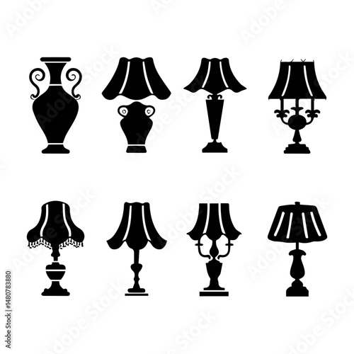 Set of black silhouette icons showcasing various classic and vintage-style table lamps and vases, featuring ornate and elegant designs on a light gray background.