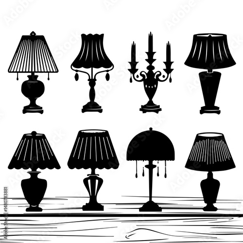 Set of black silhouette icons showcasing various classic and vintage-style table lamps and vases, featuring ornate and elegant designs on a light gray background.