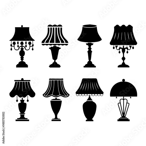 Set of black silhouette icons showcasing various classic and vintage-style table lamps and vases, featuring ornate and elegant designs on a light gray background.