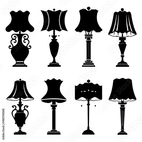 Set of black silhouette icons showcasing various classic and vintage-style table lamps and vases, featuring ornate and elegant designs on a light gray background.