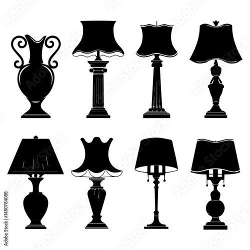 Set of black silhouette icons showcasing various classic and vintage-style table lamps and vases, featuring ornate and elegant designs on a light gray background.