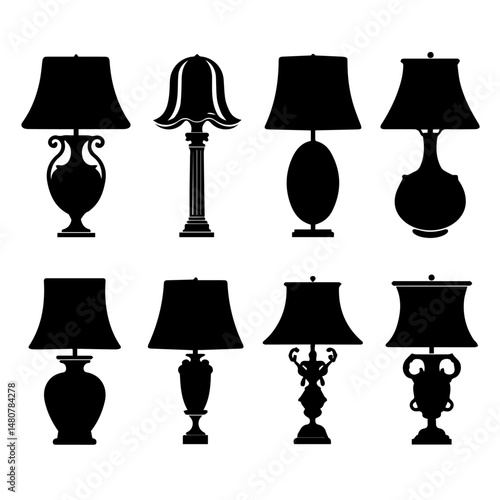 Set of black silhouette icons showcasing various classic and vintage-style table lamps and vases, featuring ornate and elegant designs on a light gray background.